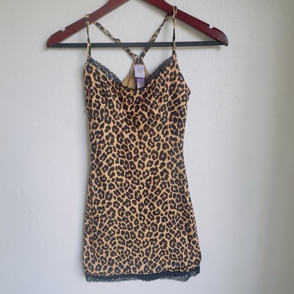 Savage X Fenty Leopard Print Slip Dress Black Lace Trim Cami Dress Size Small - Picture 2 of 13